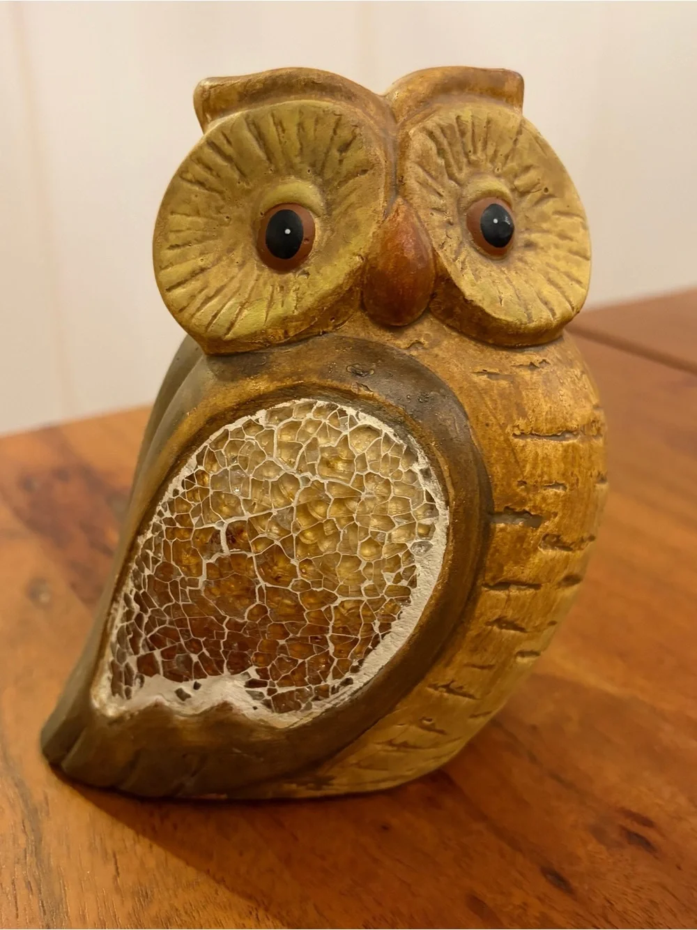 Vintage MCM Ceramic Owl Figurine 5.5” Earth Tone Crackle Glass Mosaic Wing Retro